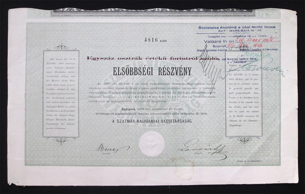 Szatmr-Nagybnyai Vast elsbbsgi rszvny 100 forint 1883 (ROU)